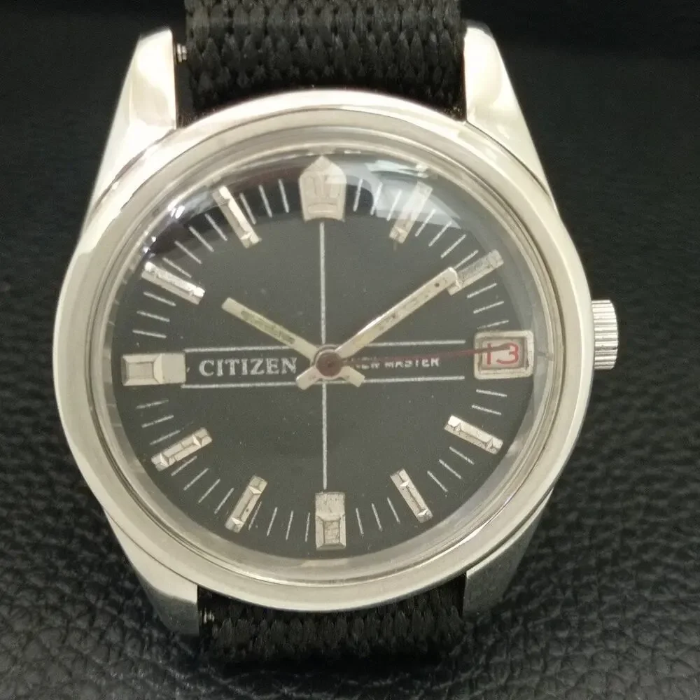 Vintage 1985 Citizen Manual Wound Mens Silver Watch W/Date & Black accents